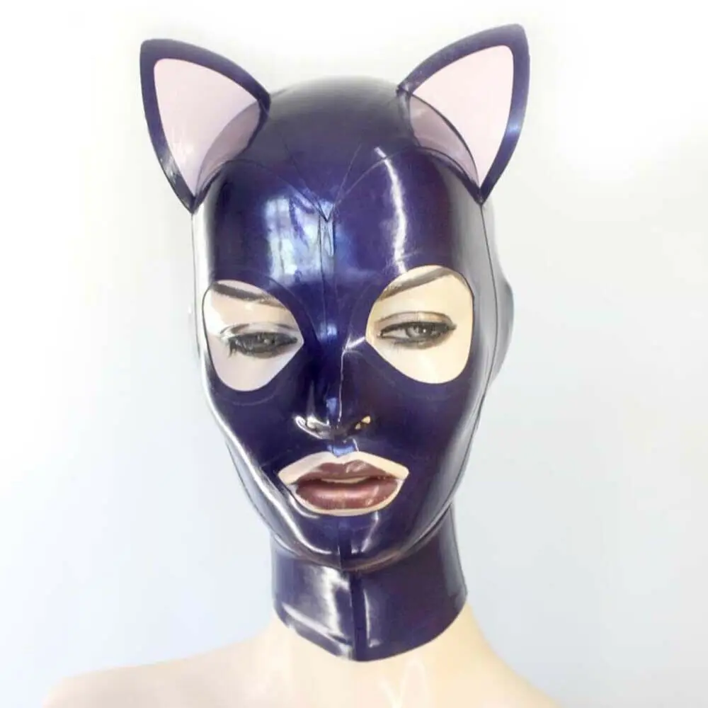 

Purple Latex Rubber Hood,Cat Ear Catsuit Bodysuit Hood Cosplay Party Mask