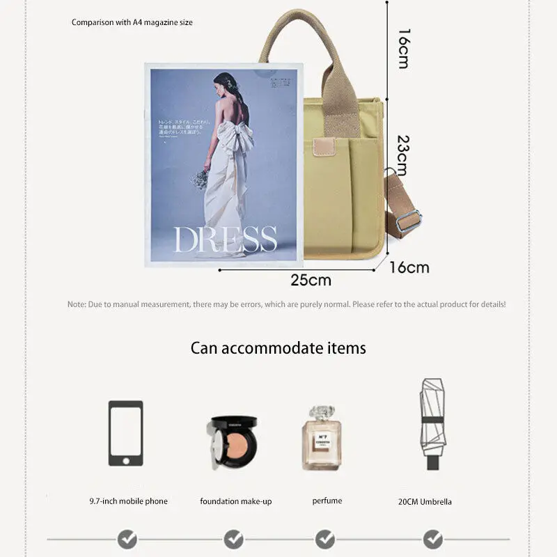 Women Canvas Shoulder Bag Adjustable Strap Handbag Cross Body Bag Messenger Tote Bag Solid Color Zipper