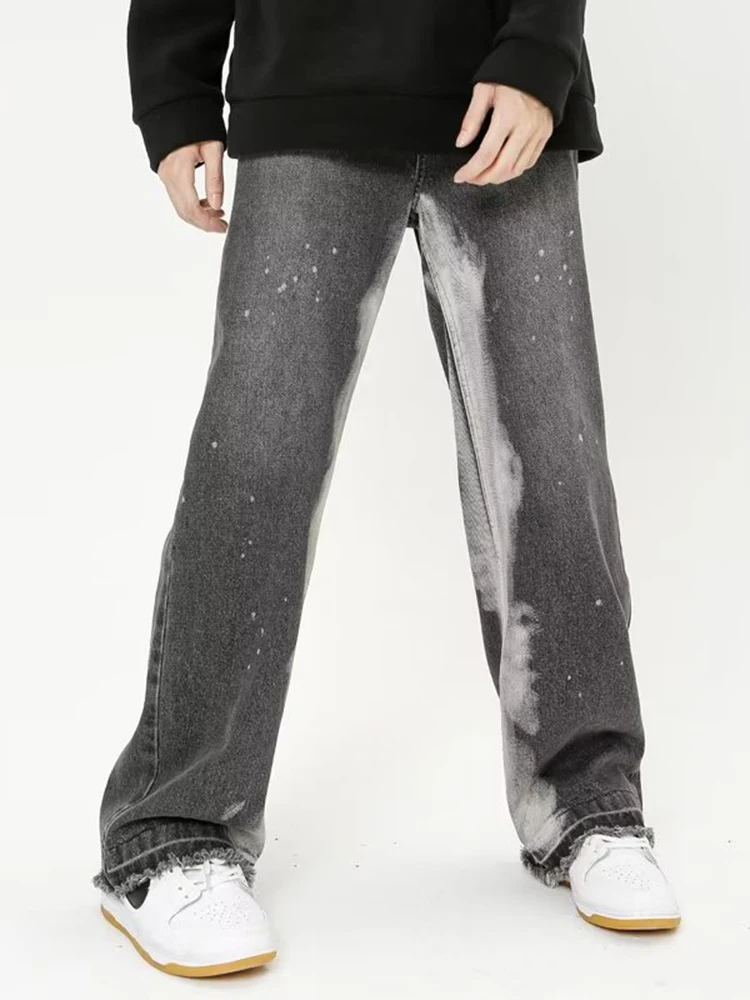 Fashionable Black Gray Tie Dye Loose Y2k Meen Jeans Korean Style Straight Pants Street Men's Casual Trousers Streetwear Men