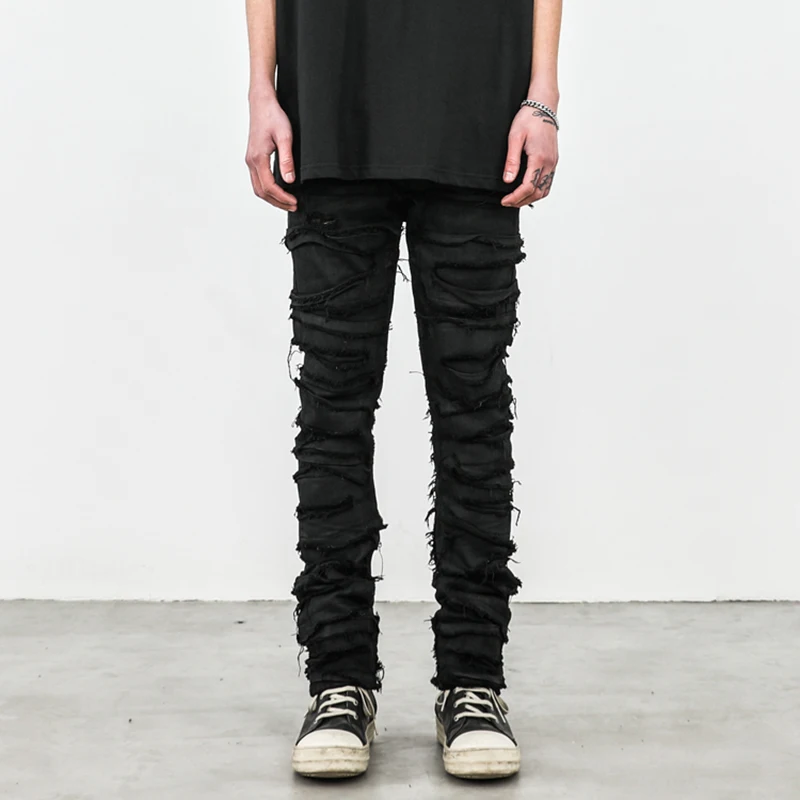 

Mens Black Skinny Denim Jeans Heavy Destruction Ripped Biker Jeans European American Streetwear Hip Hop Slim Jean Pants for Men