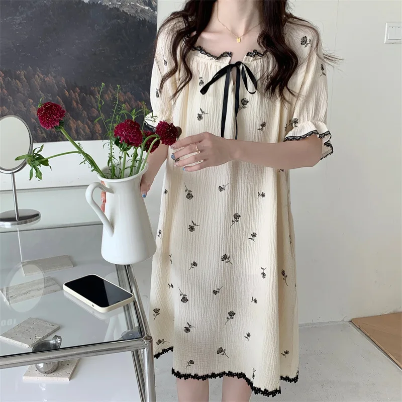 Pajamas for Women Nightdress Cotton Sweet Black Rose Print Nightgown Lace Lace-up Pajama Maxi Vestidos Women Sleepdress Vestidos