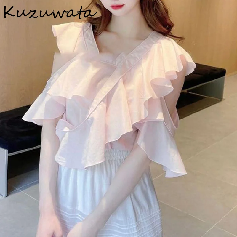 

Kuzuwata Summer 2022 Solid Color Blouse Asymmetric Ruffled Pleated Off Shoulder Shirt Stripe Slim Mujer Blusa Japanese Women Top