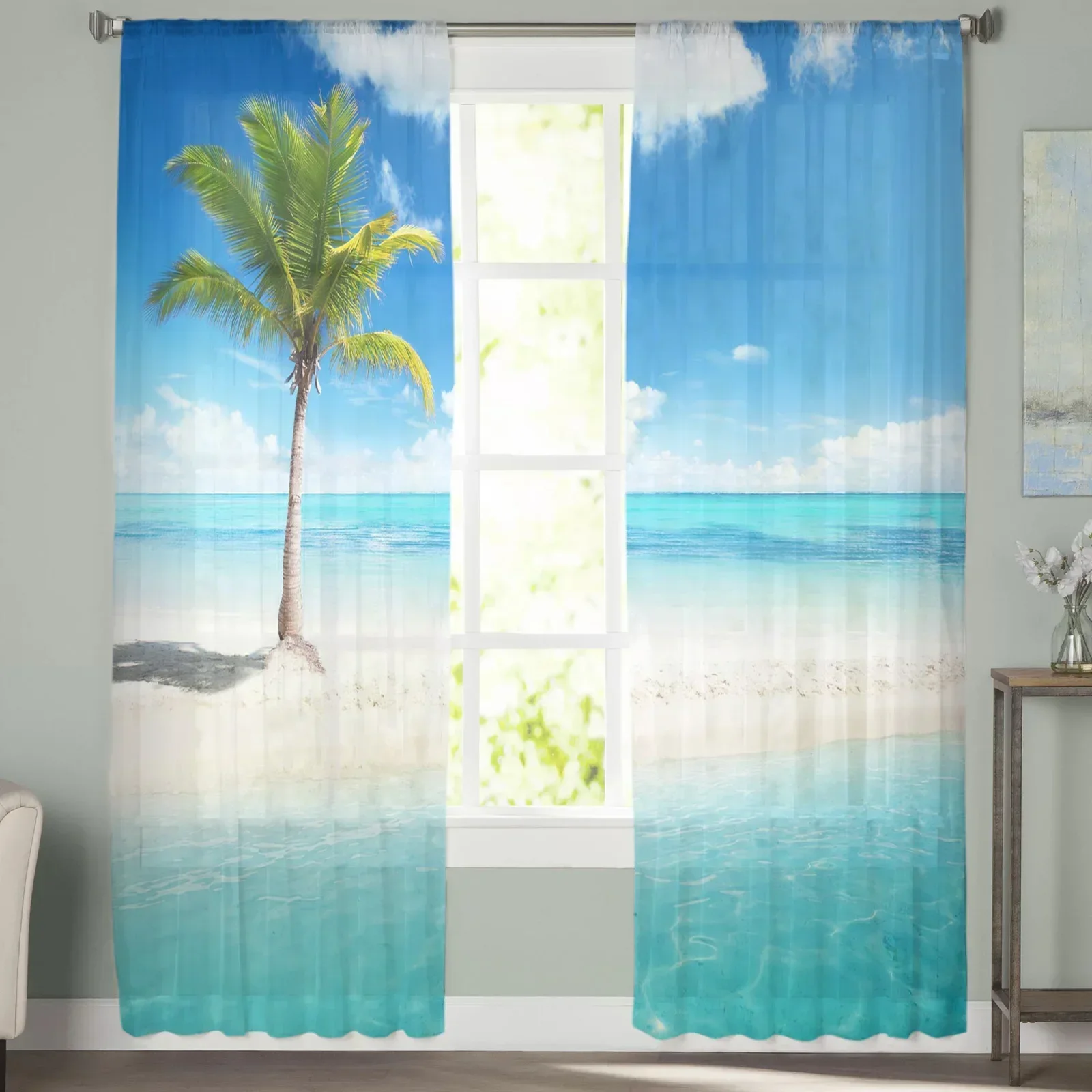 Пальма море пляж голубое небо белые облака тюлевые прозрачные шторы для гостиной