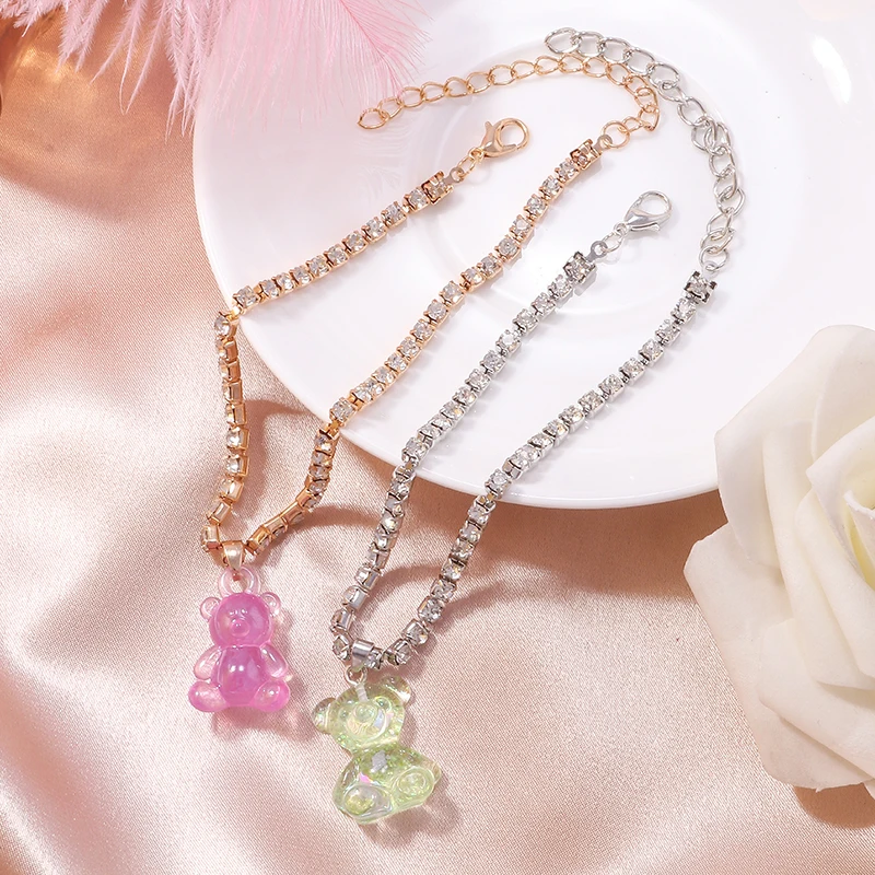 

2pcs Luxury Clear Crystal Chain Cute Gummy Bear Charm Bracelet Anklets for Women Foot Accessories Beach Barefoot Sandals