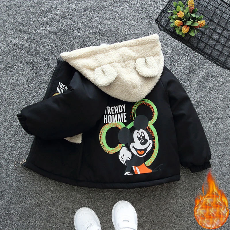 

Зимнее пальто с мультяшным рисунком для девочек и мальчиков, плюшевые тяжелые куртки с Микки Маусом, детская модная верхняя одежда с капюшо...