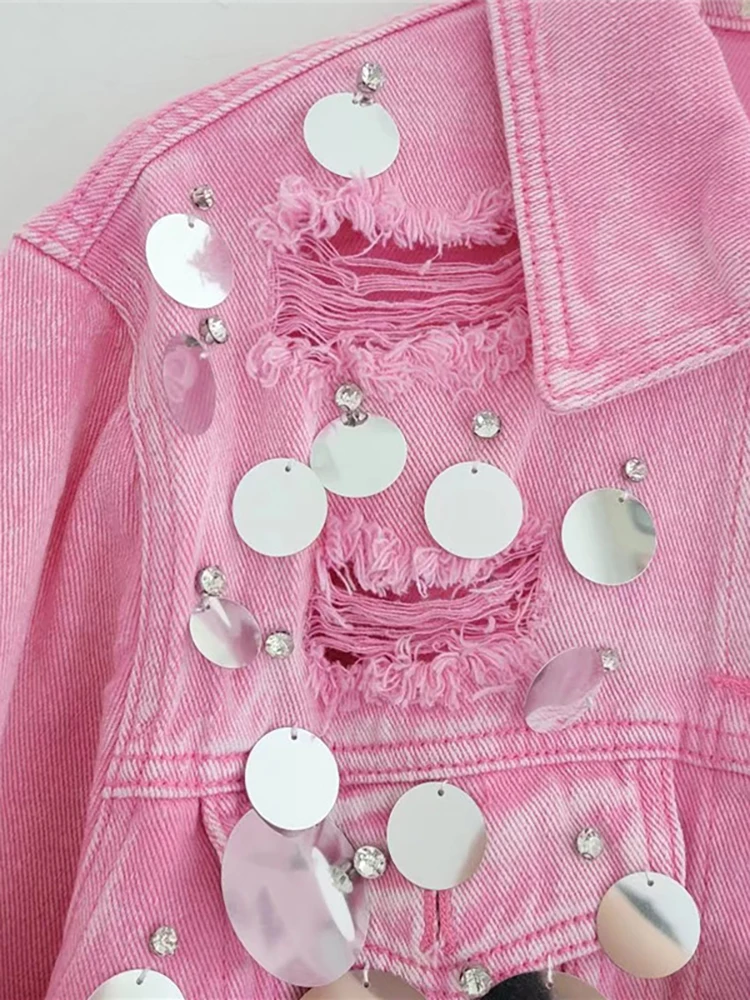 Женская джинсовая куртка DEAT короткая однобортная составного кроя с блестками и