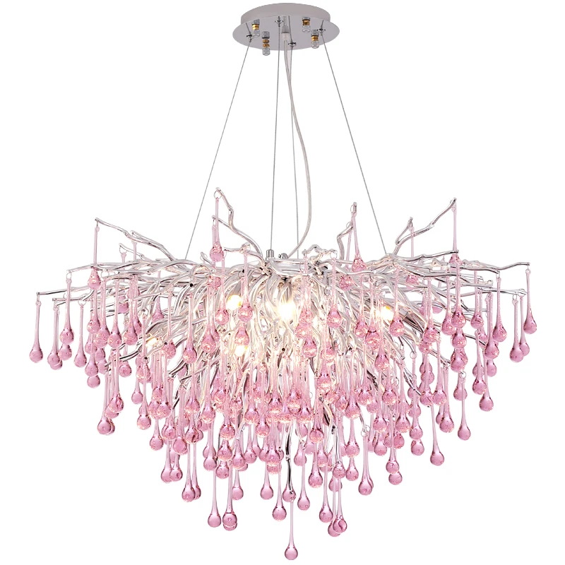 Lámpara de araña de cristal para comedor, iluminación Led moderna, Rectangular, rosa, gota de lluvia, redonda, 220V