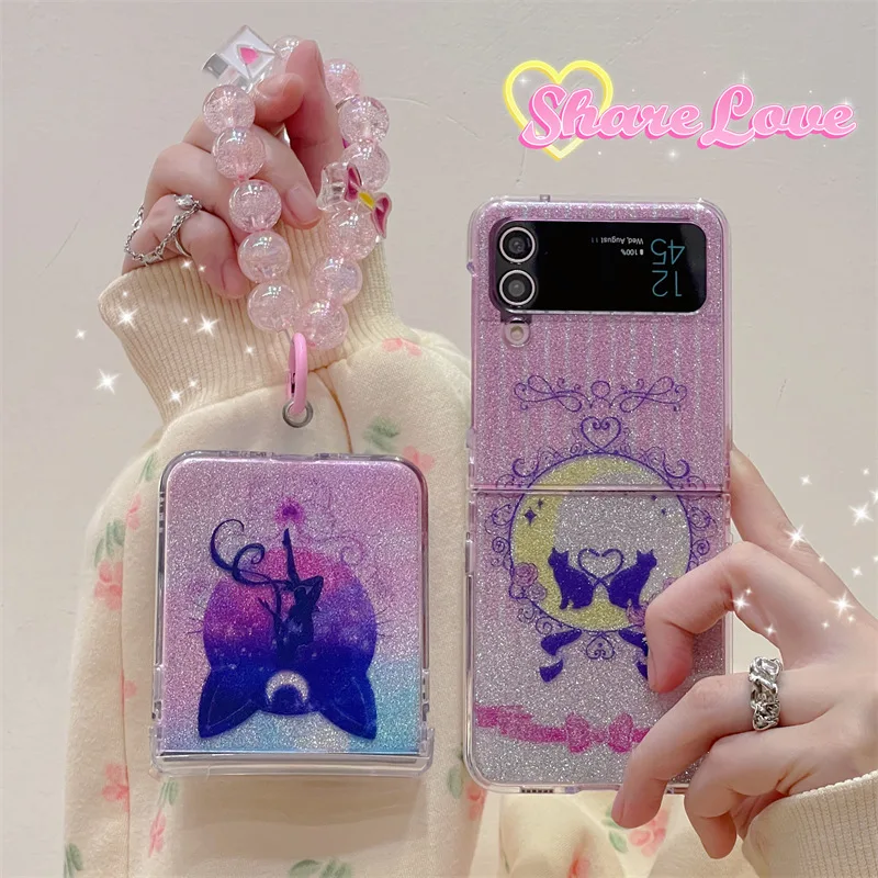 

Cartoon Cat Girl Pink Transparent Phone Case for Samsung Galaxy Z Flip 3 Z Flip 4 Back Cover for ZFlip3 ZFlip4 Case Shell