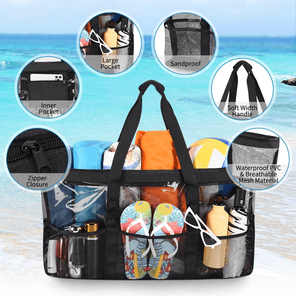 Mesh Beach Bag Larger Travel Tote Bag  Women Weekender Bag Overnight Bag Beach Tote Bag with 9 Pockets  Gym Travel Workout with