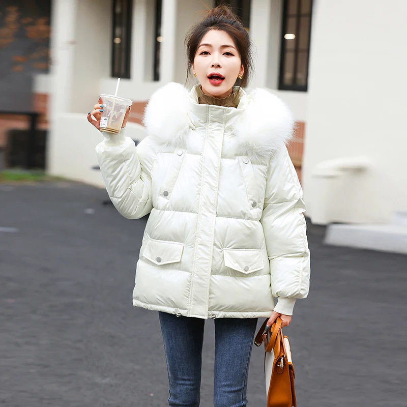 2022 New Winter Glossy Jacket Women Parka Fashion Loose Coat Hooded Parkas Slim With Fur Collar Warm Snow Wear Padded Clothes