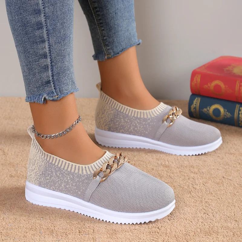 

Женские тканевые кроссовки с круглым носком, лоферы с металлической цепочкой, дышащие туфли без шнуровки для прогулок, новинка 2023