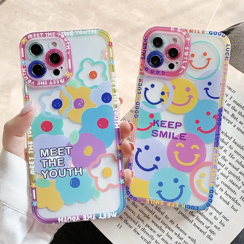 

Cute Smile Face Phone Case For iPhone 13 12 11 14 Pro Max XSMAX X XR 14Plus Clear Angel eyes couple All-inclusive anti-fall case