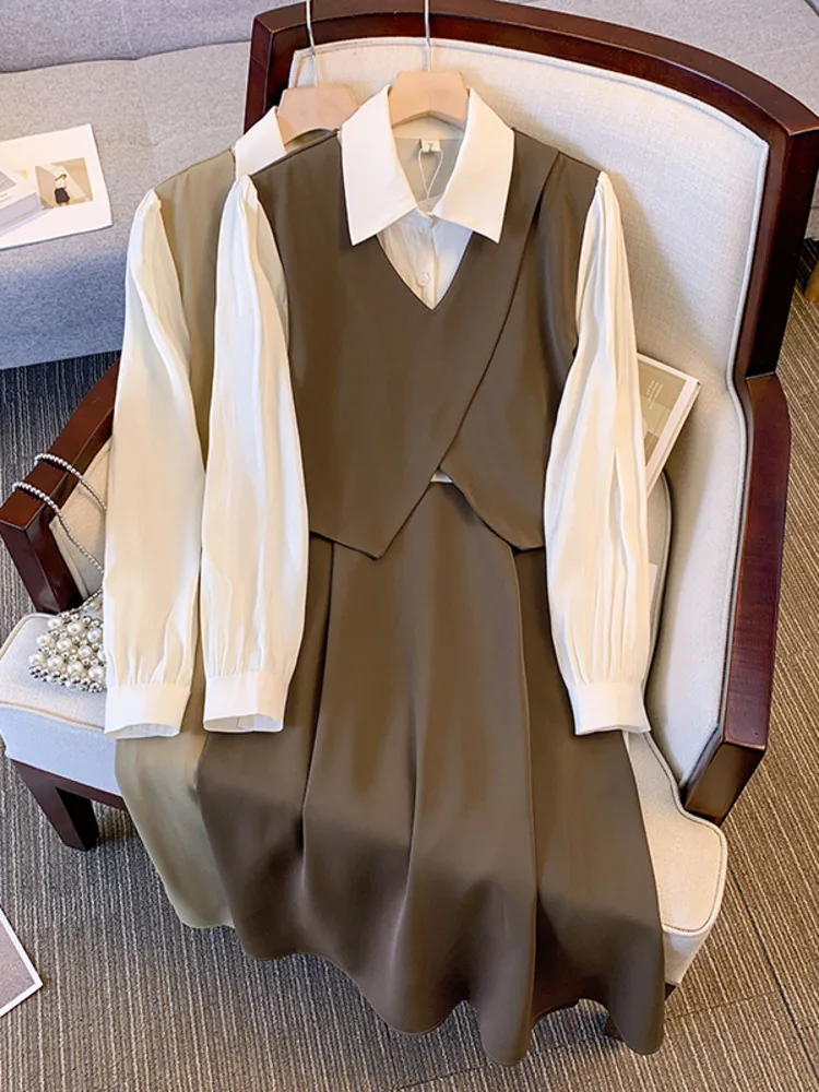 

Plus Size Autumn Fake Two Piece Dress For Women Outfits Office Ladies Elegant Turn-down Collar Patchwork 4XL Dresses For Women