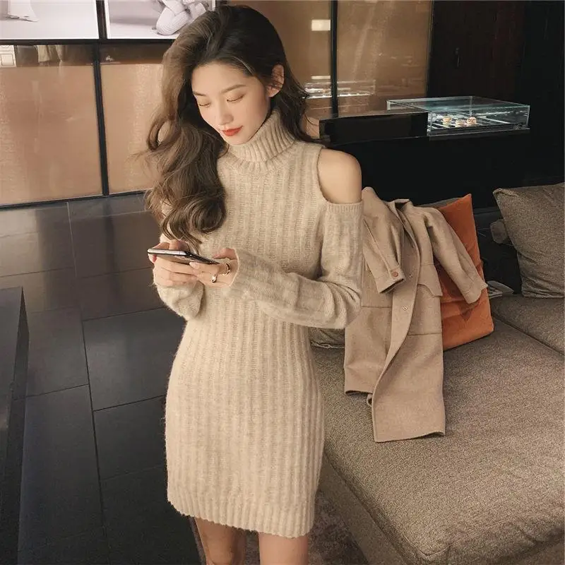 Long-Sleeved Dresses for Women Sexy Sweet Sheath Solid French Sexy Style Temperament Turtleneck Basic Design Sweater Skirt M826