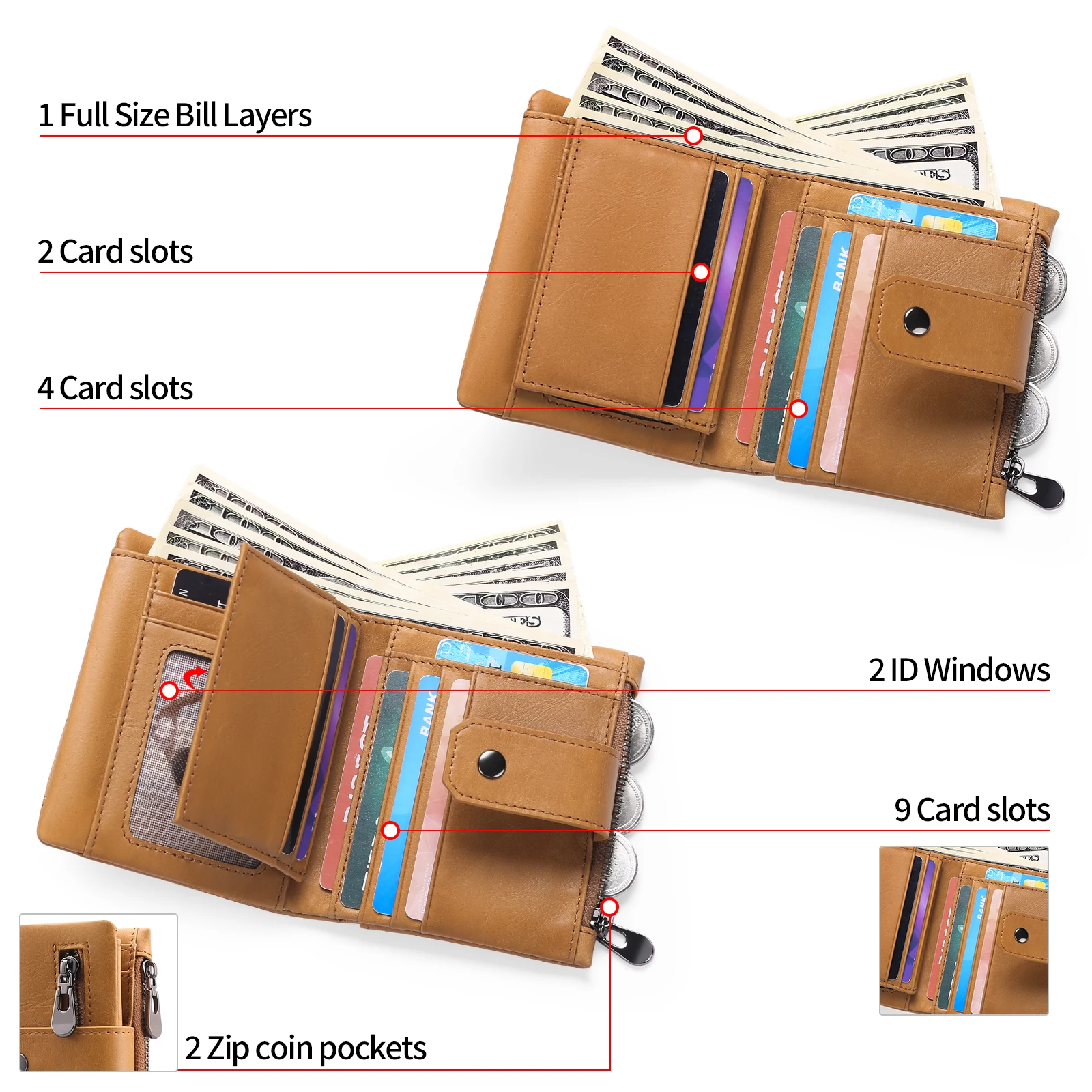 Genuine Leather Men Wallet RFID Blocking Luxury Short Wallets Male Hasp Vintage Purse Coin Zipper Multi-functional Card Pocket