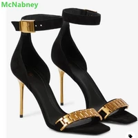 black metal watch strap design sandals square toe thin high heel ankle buckle cover back shallow fashion summer shoes for women