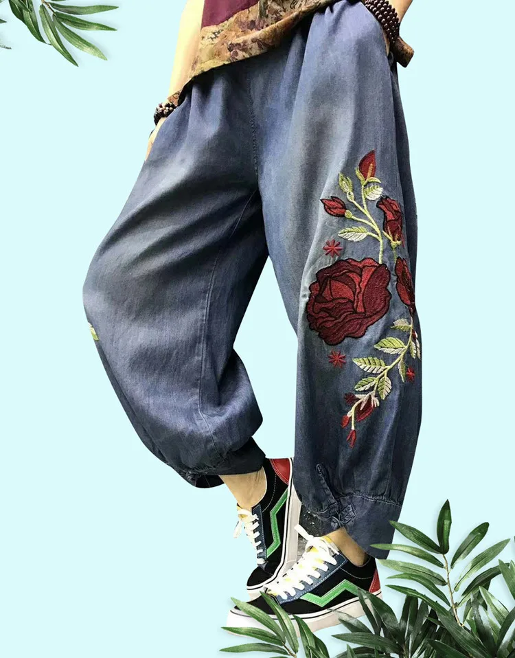 Ethinic Style Emboridery Jeans High Waist Women's Loose pants Korean Fashion Thin Denim bloomers baggy pants woman Streetwear