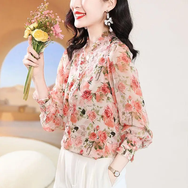 

2023 Spring New V-neck French Fungus Edge Lady Chiffon Shirt Women Summer Long Sleeve Korean Floral Casual All-match Tops