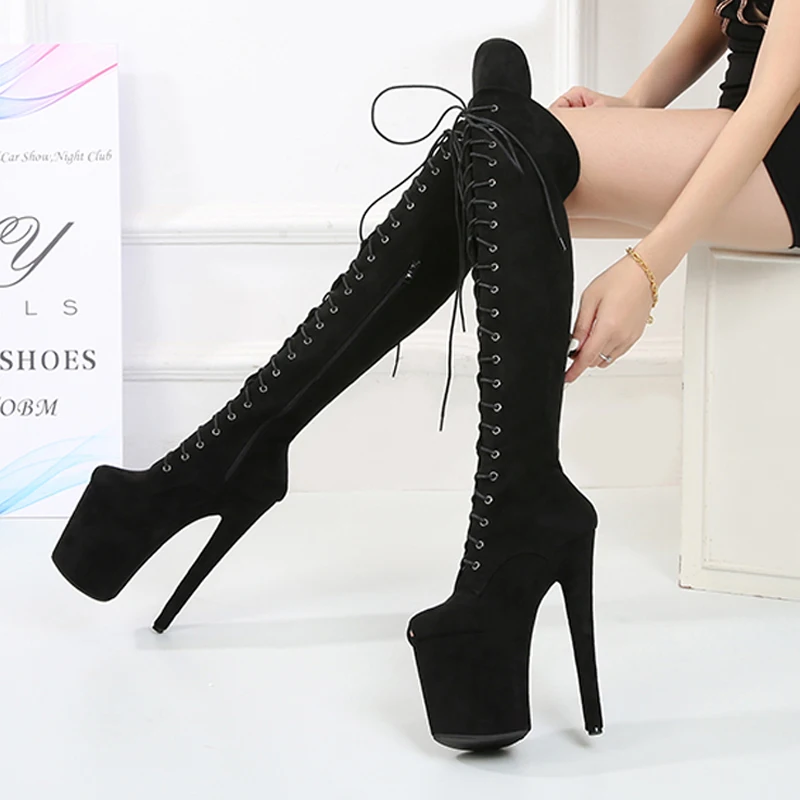 

Fashion Durable 20CM Faux Suede Sexy Knee Boots Exotic Stripper Platform Dancer Shoes Stiletto Heel Fetish Women High Heels