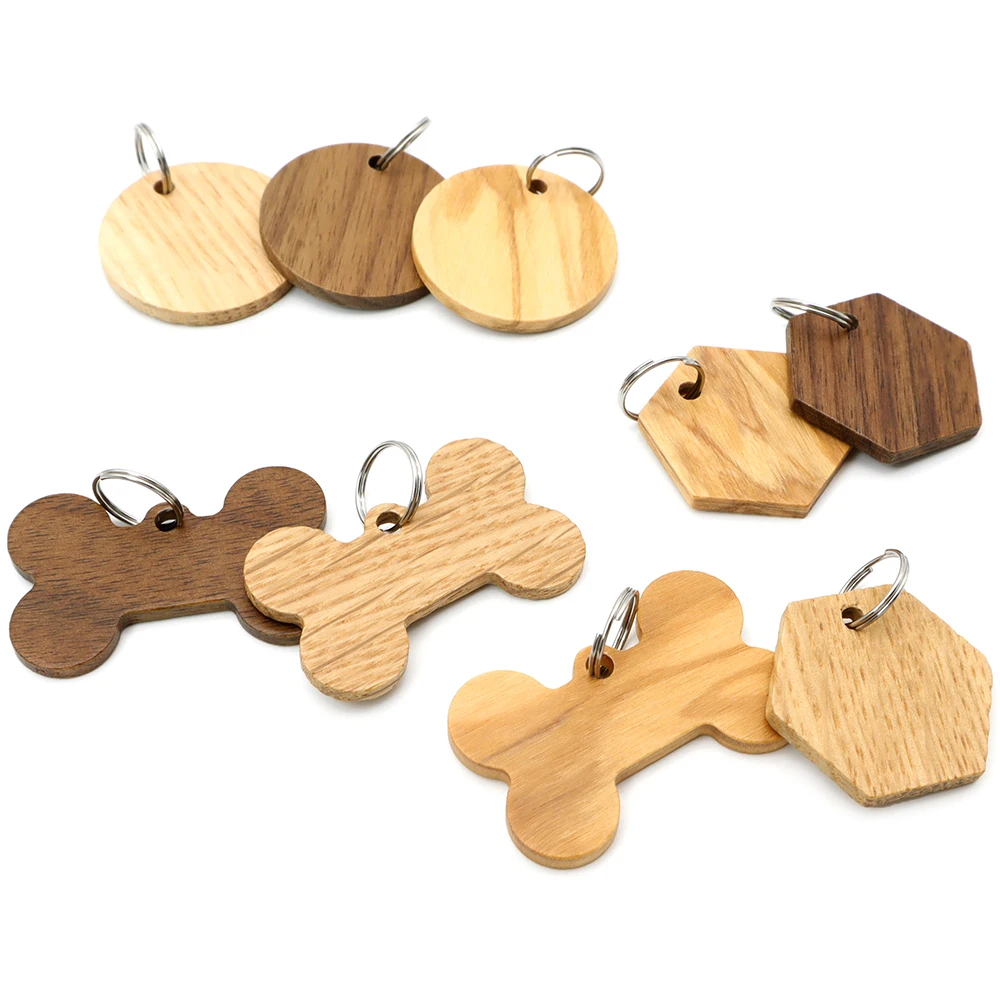 Wholesale 20/50/100Pcs Wood Dog ID Tag Bone Personalized Puppy Nameplate Anti-lost Round Name Tags For Dogs Keyrings Engraving