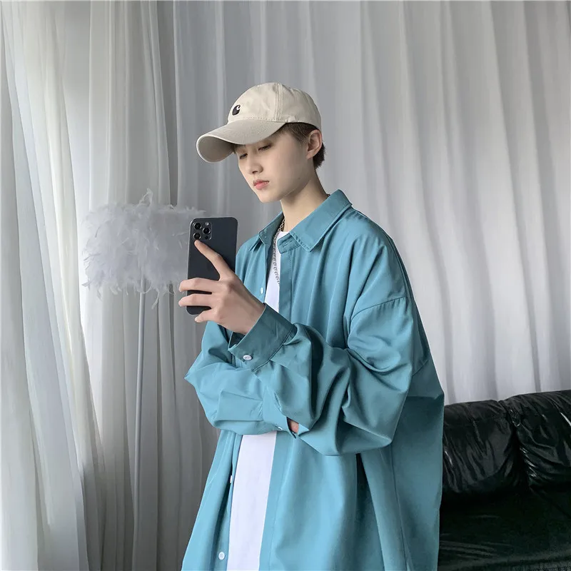 Fashion 2022 Long Sleeve Shirt Men's Autumn Versatile Ice Silk Shirt Jacket Korean Loose Large Solid Hong Kong Style Clothes