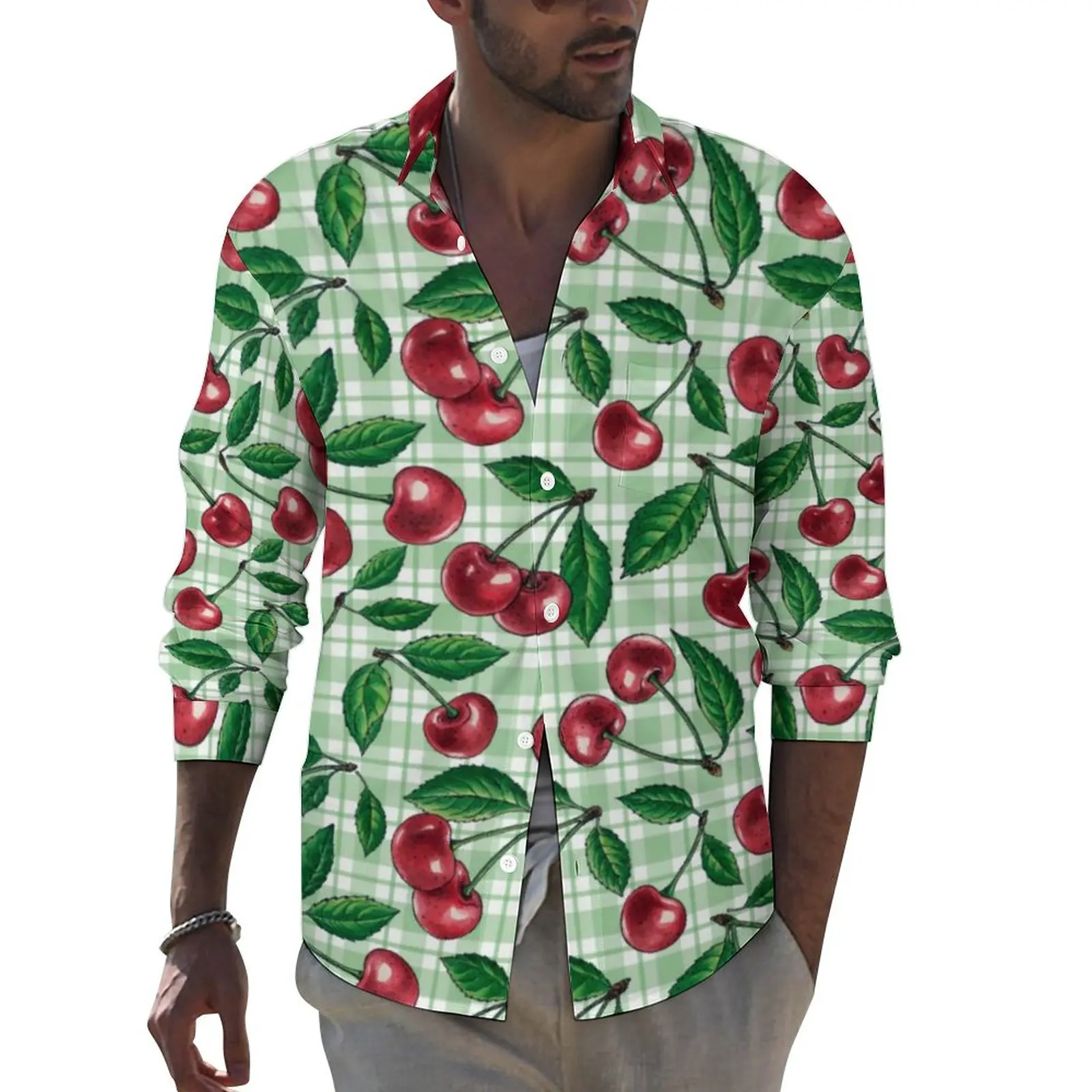 

Red Cherry Street Casual Shirt Men Green Plaid Print Shirt Spring Retro Blouses Long Sleeve Custom Oversize Clothes