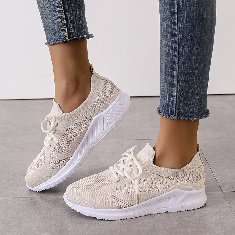 

Rimocy Breathable Knitting Sneakers Women Autumn 2023 Soft Sole Lace-Up Flats Woman Light Casual Non-Slip Running Shoes Female