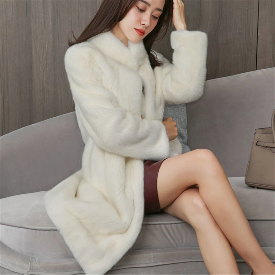 Mid-length Winter Faux Fur Mink Padded Coat Women Warm Thick Outwear Top Korean Overcoat Stand Collar Fashion Elegant Roupas