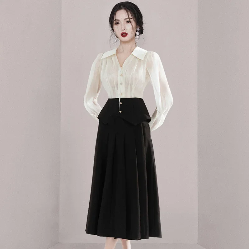 Элегантный осенний новый женский костюм 2023 топ с приталенной талией модная юбка