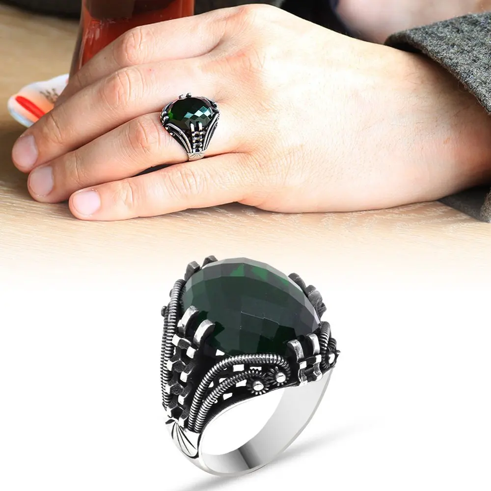 

Nail Design Green Zircon Stone 925 Sterling Silver Men 'S Ring