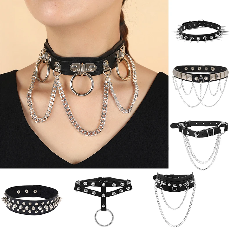 

Fashion Punk Hip Hop Rock Sharp Rivet Leather Women's Sexy Chokers Necklaces Street Shooting Nightclub Style Neck Chain Jewelry