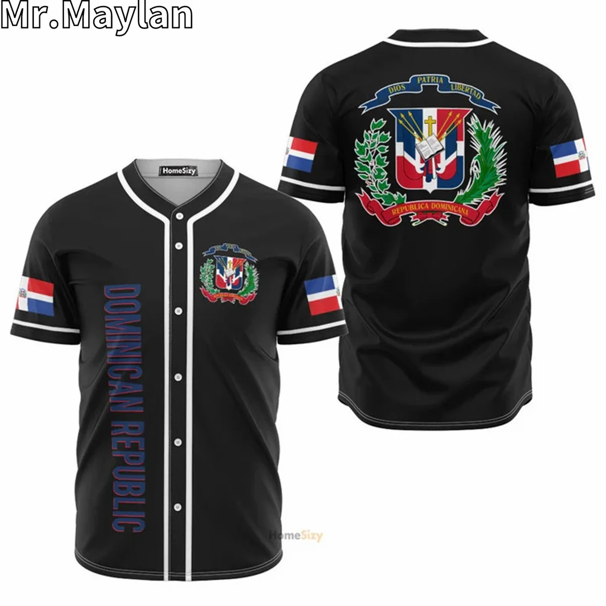 

Футболка мужская Черная бейсбольная оверсайз с символом флага Доминики