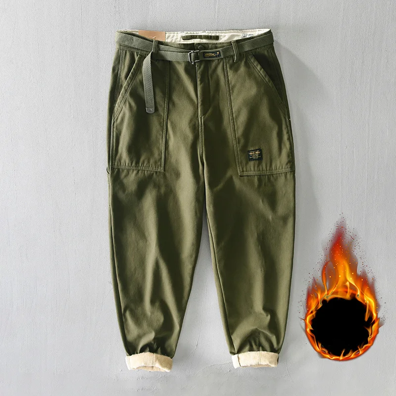 

Autumn Winter New Men Fleece Thick Warm Cargo Pants Korean Style Male Casual Loose Trouser Vintage Trendy Brand Men's Clothing
