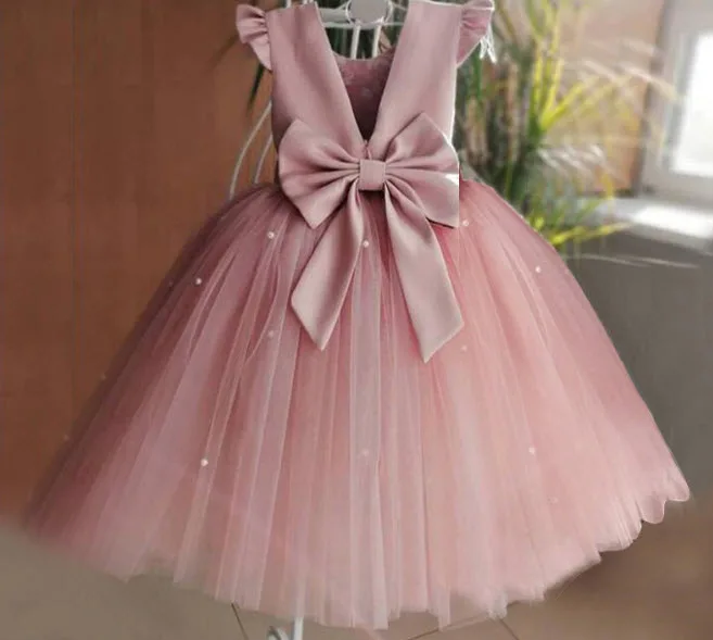 

Cute Flower Tulle Dress Toddler Girl Flower Birthday Tulle Skirt Backless Bow Wedding Gown Kids Party Wear Princess Pink Dress
