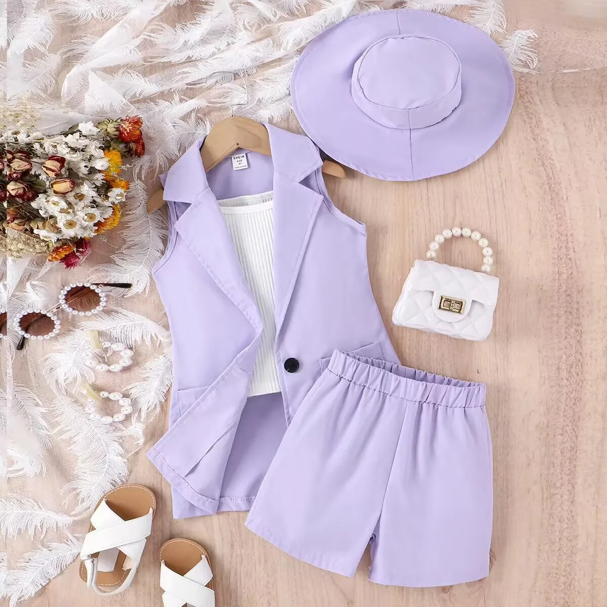 

Summer New Girls Clothes Suit 2023 Fashion Suspender Solid Color Suit Shorts Sleeveless Jacket 4Pcs For Kids Clothing Sets 4-7Y