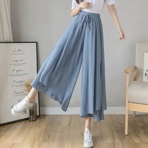 Ladies Casual Irregular Solid Color Chiffon Elastic Waist Wide Leg Autumn Simplicity Lacing Basic Trousers Women Clothing Loose
