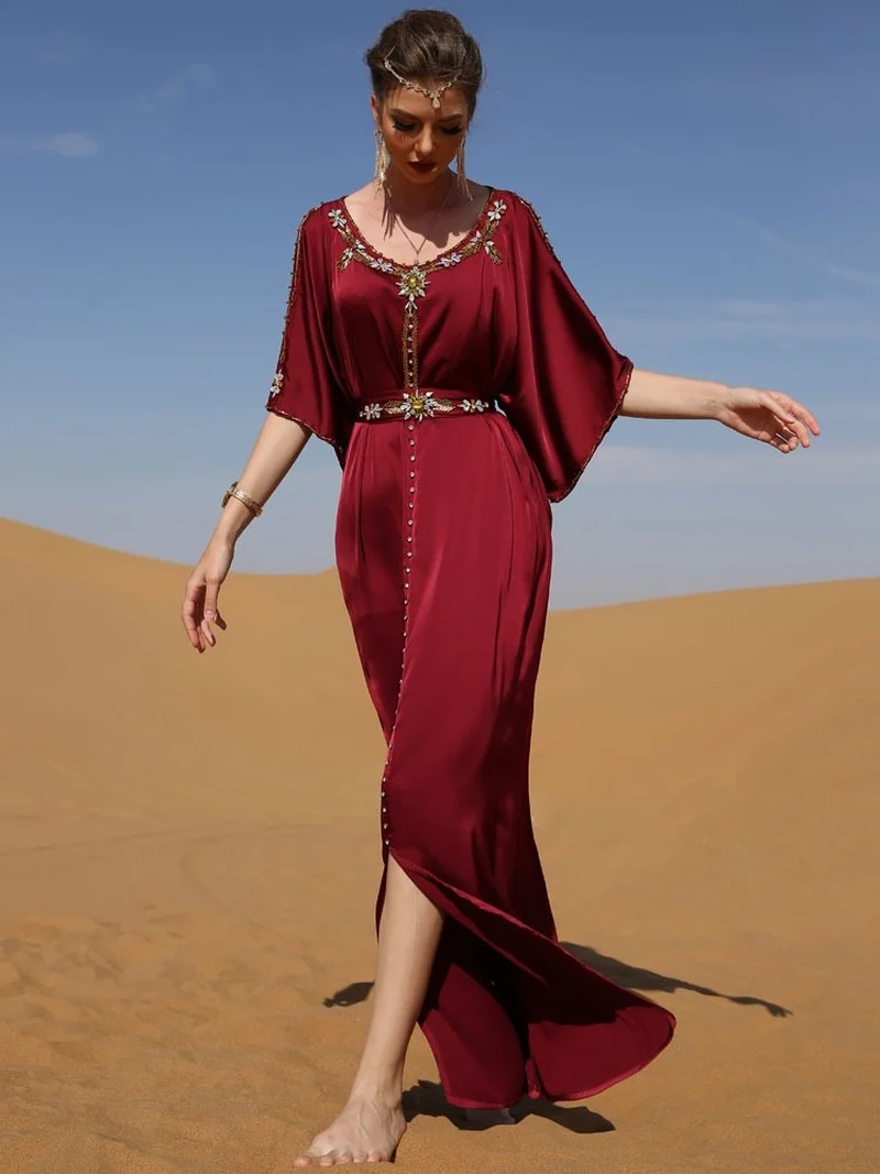 Rhinestone Evening Kaftan Women Off Shoulder Moroccan Party Caftan Satin Dress Hem Slit Muslim Arab Dubai Abaya Banquet Ramadan