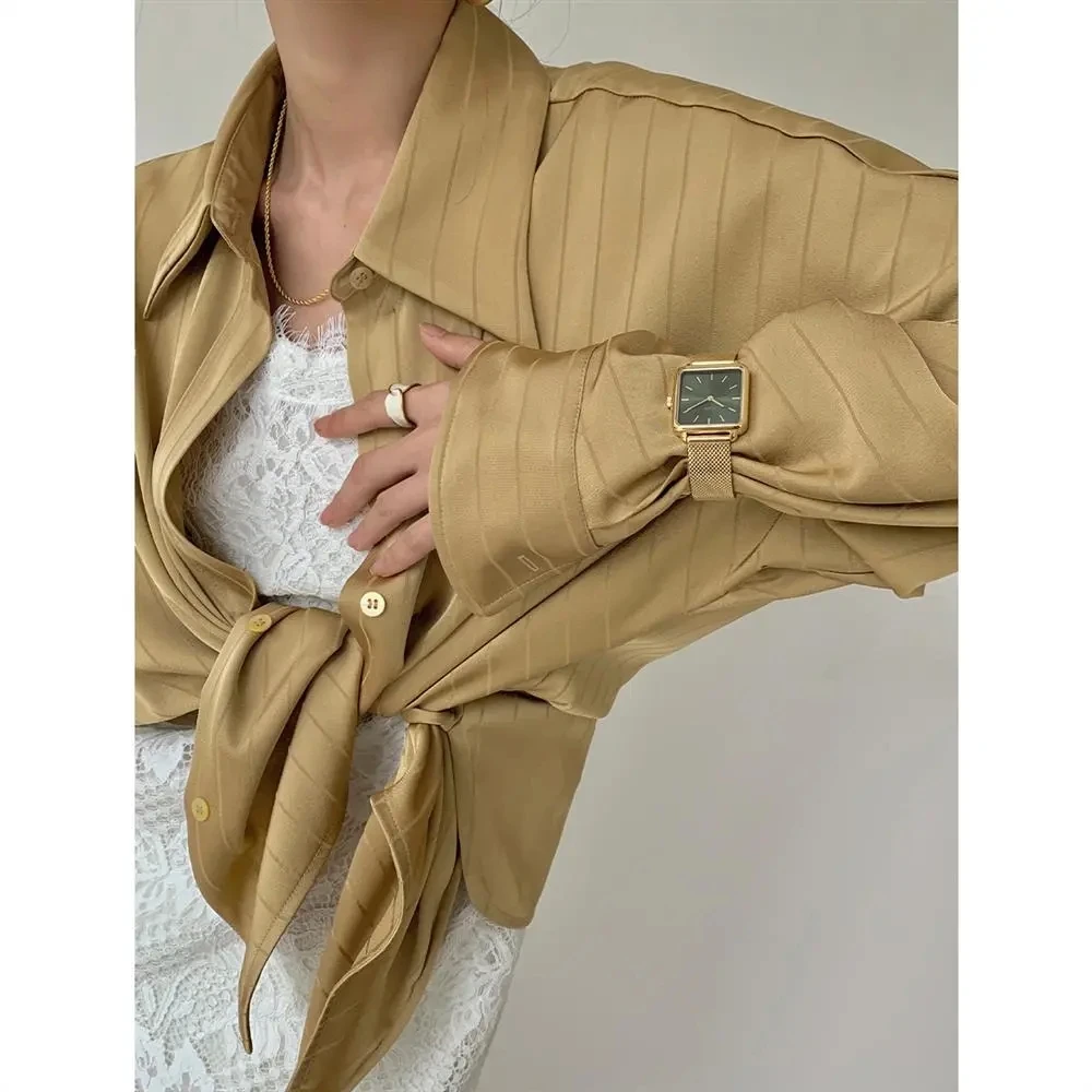 

Satin Chic Blouses Women's T-Shirt Long Sleeve Design Aesthetic Striped Casual Black Loose Urbane Elegant 2022 New