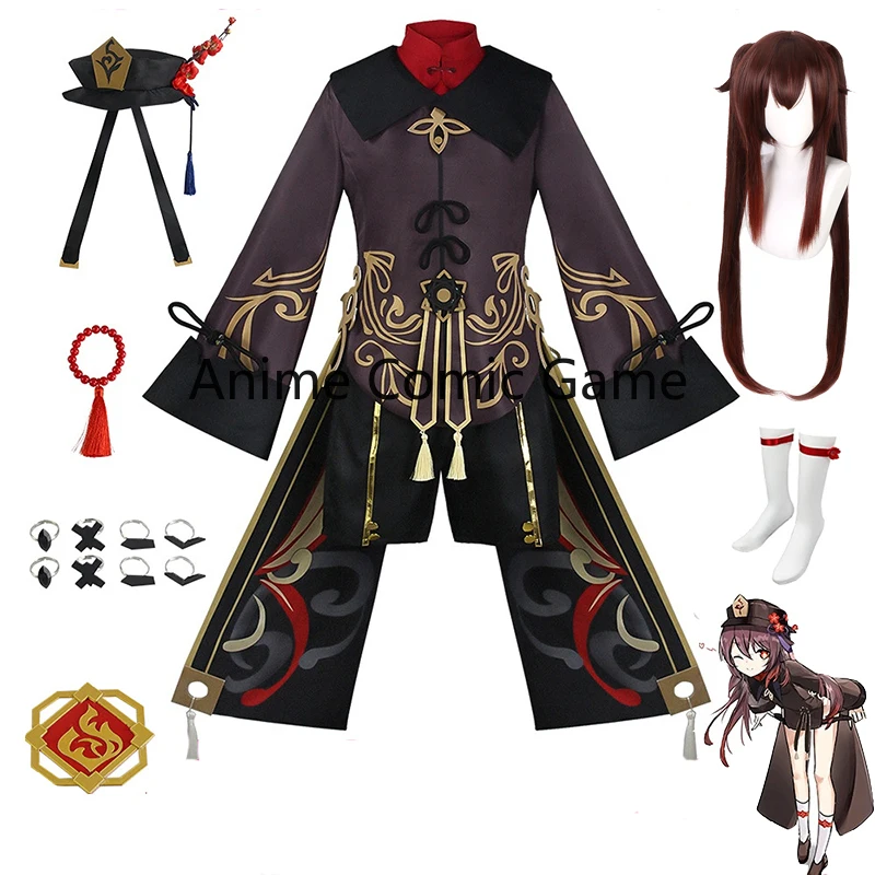 

Genshin Impact Hu Tao Cosplay Costume Wig Shoes Rings Hat Wand Anime HuTao Outfit Plus Size Halloween Costume For Women Men XXXL