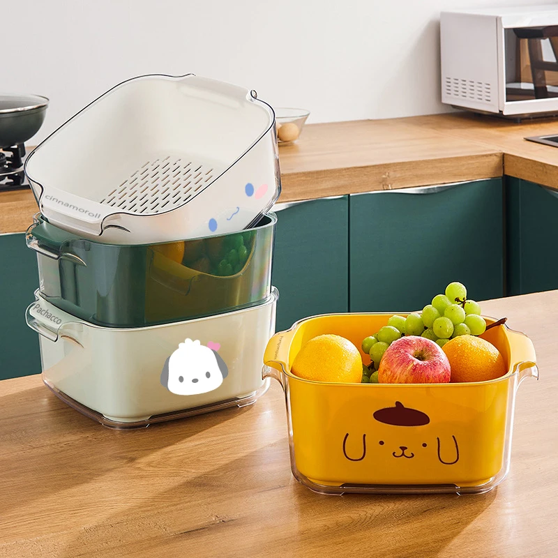 

Kawaii Sanrios Double-Layer Drain Basket Anime Cinnamoroll Pachacco Pompompurin Food Cover Kitchen Washing Vegetable Basket