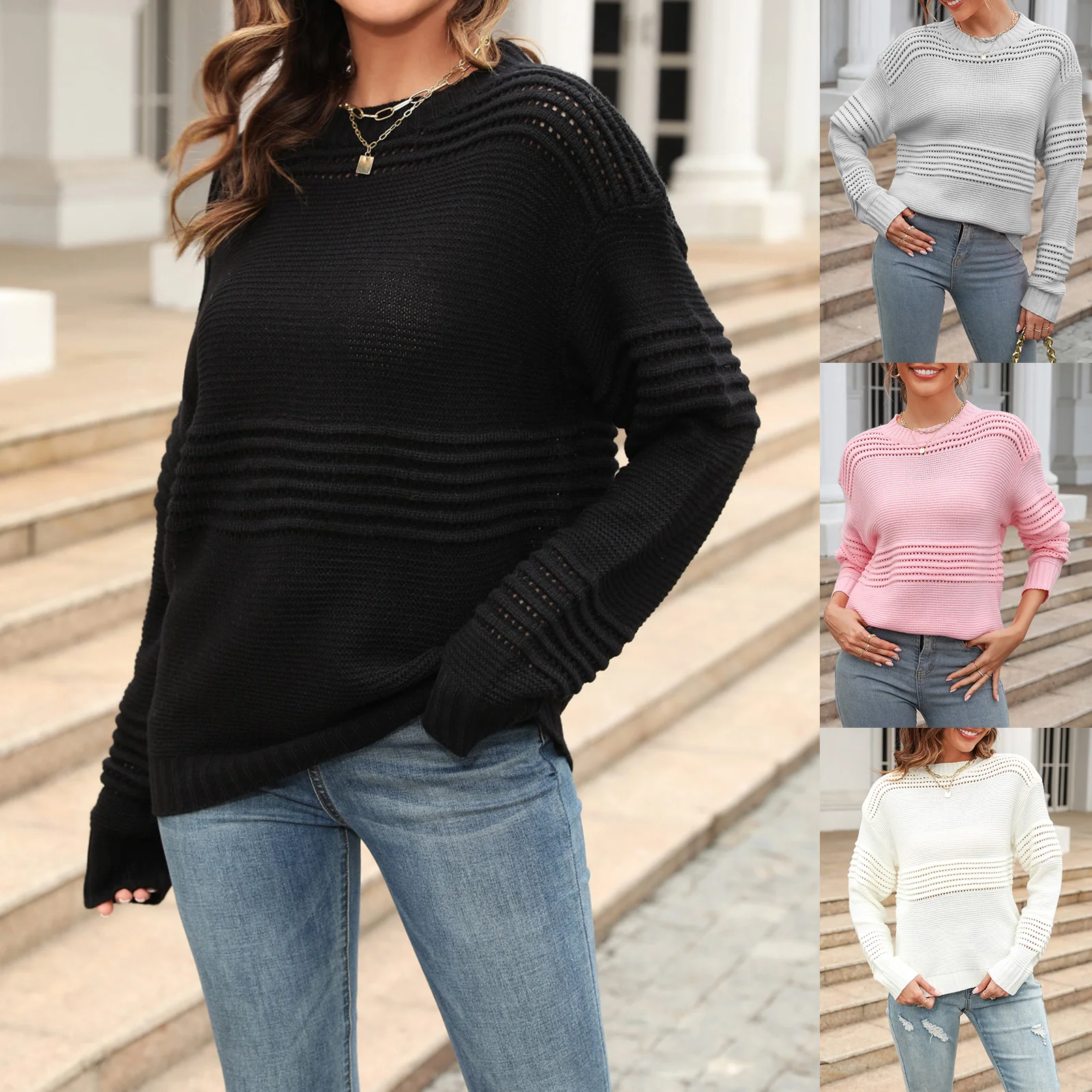 

Long Sleeve Pullover Solid Color Basic Sweater Crew Neck Loose Fit Drop Shoulder Women Stripe Sweater Casual Daily Outfit