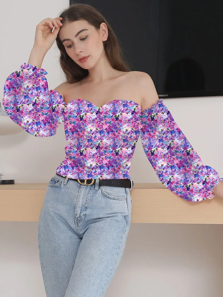 

Women Sexy Off Shoulder Floral Print Tops Blouses 2022 Summer Boho Casual Backless Slash Neck Lantern Sleeve Holiday Top Female