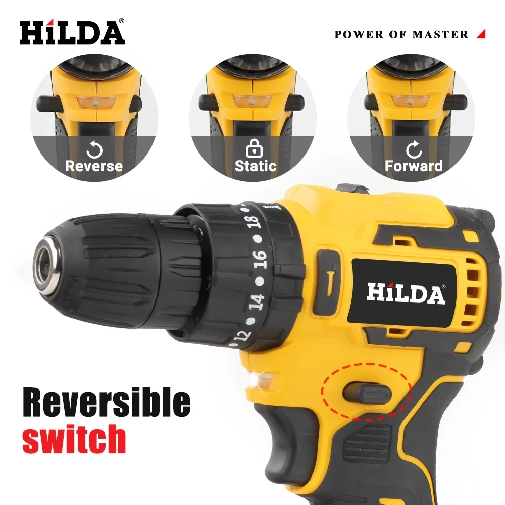 Аккумуляторная электрическая дрель HILDA 21 желтого цвета с интерфейсом Makita