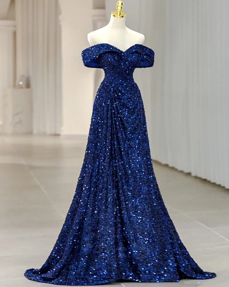 

Royal Blue A-Line Prom Party Dress Off Shoulder Sequined Sweep Train Women Evening Pageant Gowns Formal Robe De Soiree