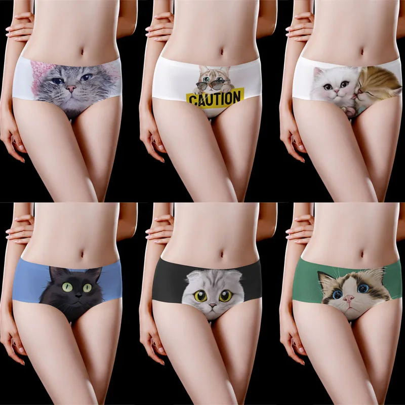 

Сексуальные женские трусики, индивидуальные трусики с милым котом, женское белье для женщин, без следов, ледяной шелк, физиологические трус...