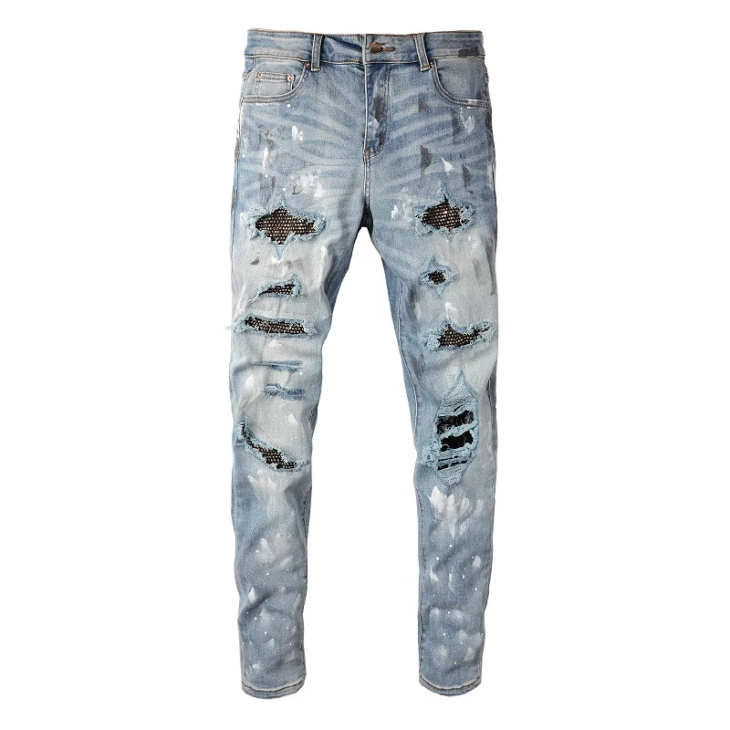 

High Street Men Painted Graffiti Jeans Elastic Slim Fit Destroyed Ripped Rhinestone Denim Beading Patch Designer Brand Pants