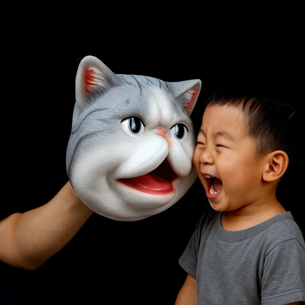 Фото Мягкая виниловая кукла-перчатка в виде головы животного Kawaii: интерактивная модель кошачьей головы для игр и развлечений детей №5