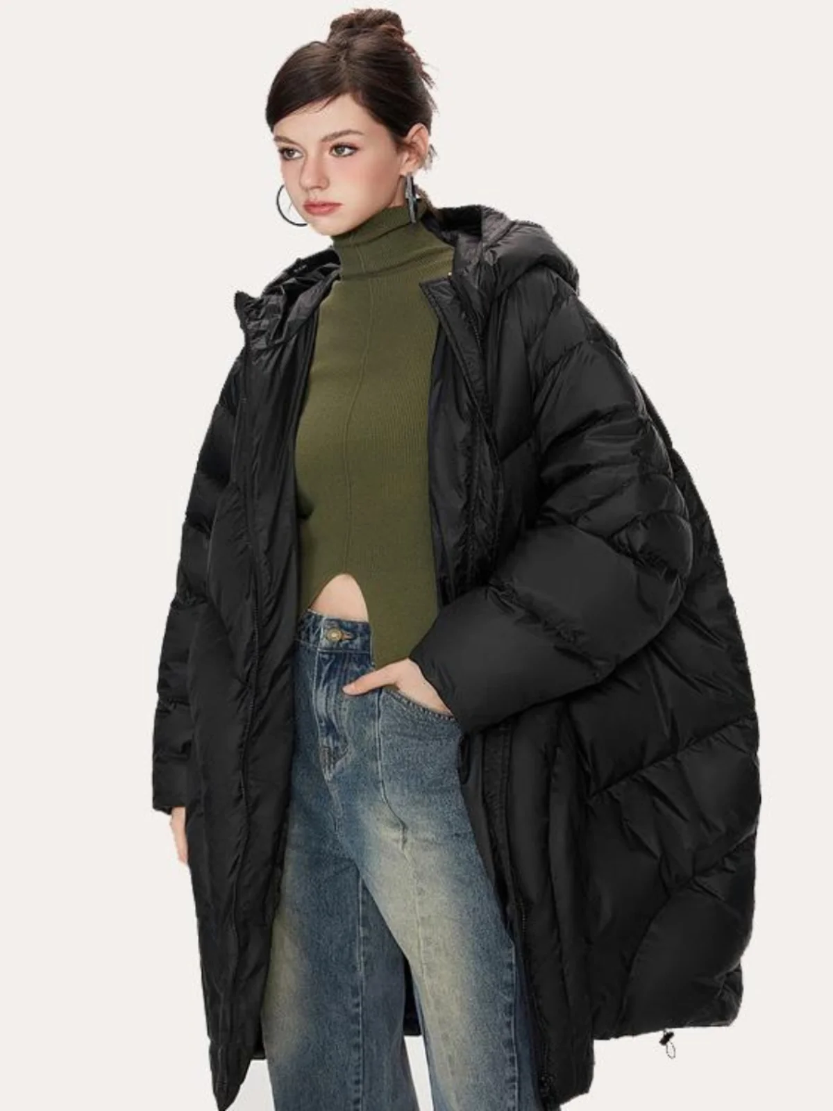 Кремовый пышный 2024 новинка 90 пуховик средней длины на белом утином пуху женская