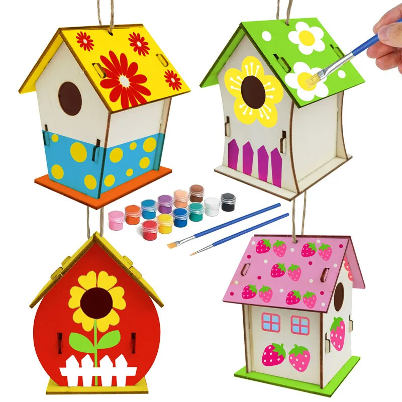 

DIY Colorful Wooden Bird House Painting Brush Mini Pigment Toys for Children Educational Best Collection Kids Gift