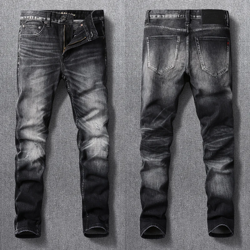 Fashion Designer Men Jeans Retro Black Gray High Quality Elastic Slim Fit Ripped Jeans Men Trousers Vintage Denim Pants Hombre